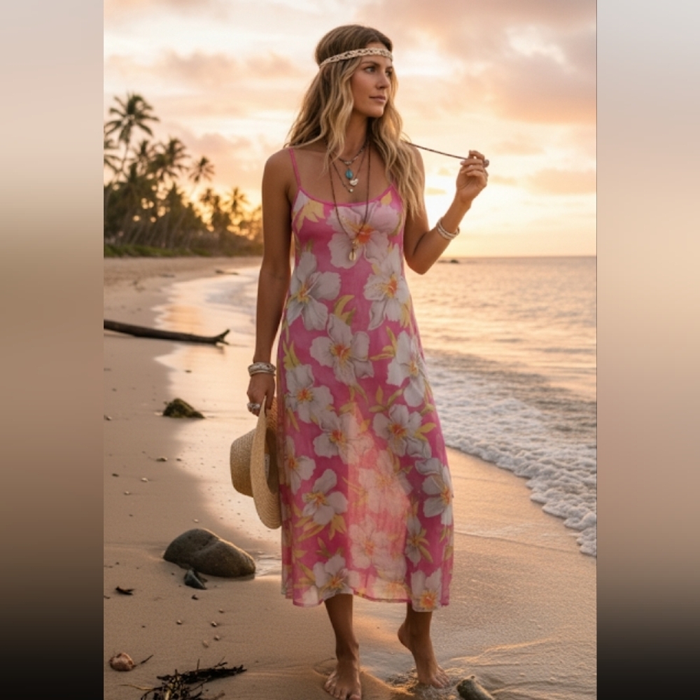 Vintage La Senza Sheer Mesh Tropical Floral Dress Size L